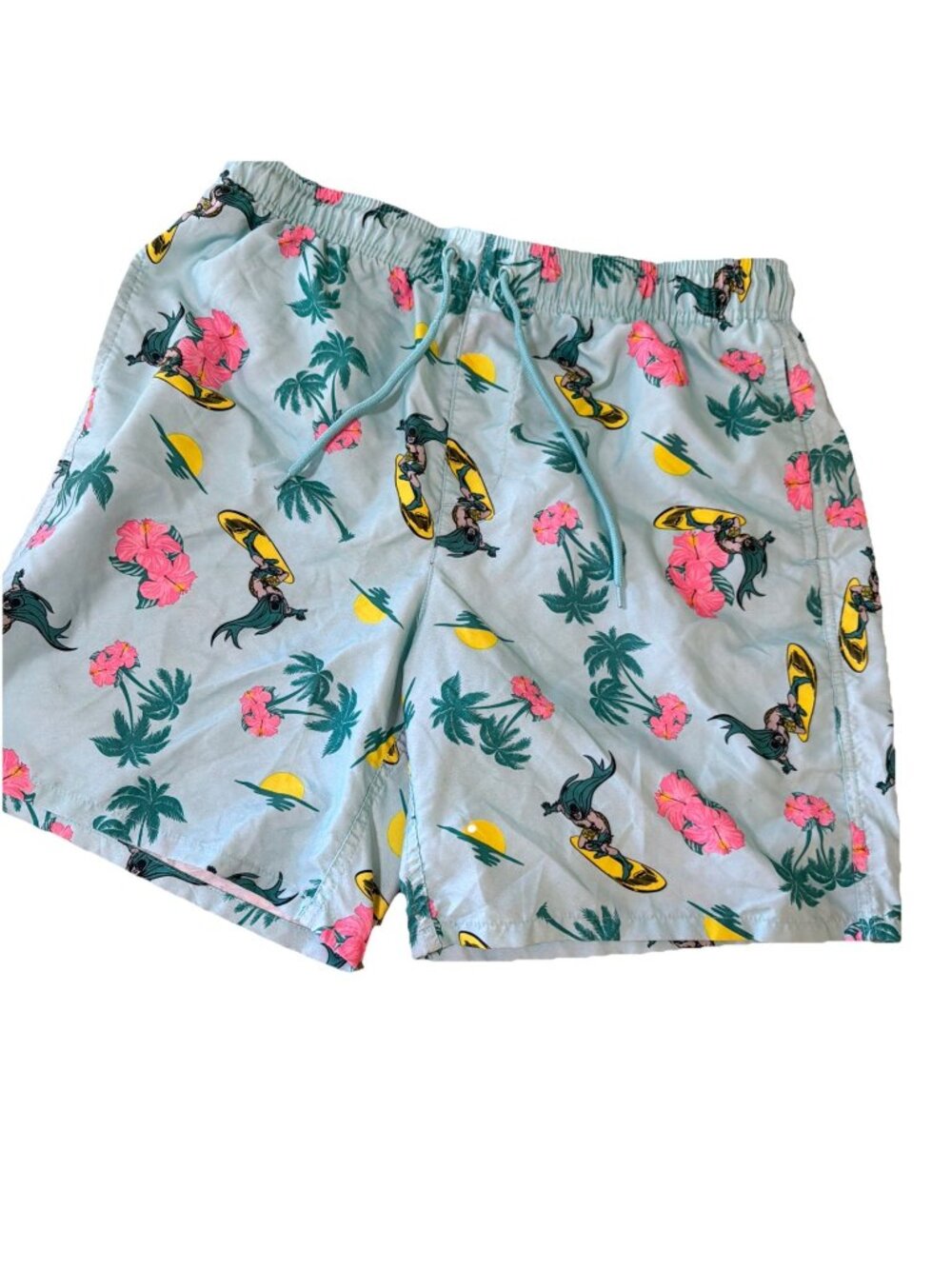 Batman Surfing Floral Swim Trunks Teal  Shorts Summer Beach Mens Sz M Tropical
